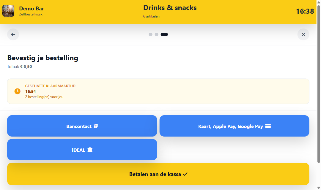 Confirmation screen of the ShopexHub order kiosk with estimated ready time and payment options